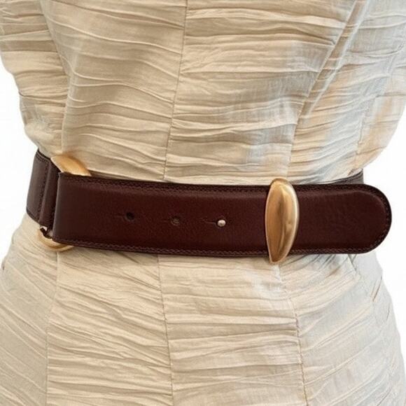 Donna Karan Co Vintage Italy Brown Leather with Gold Buckles Sz Lg Waist Belt main image 10